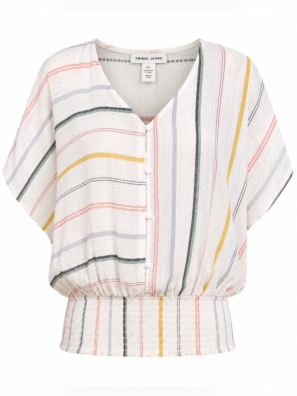 NWT Tribal Jeans Striped Smocked Waist Blouse Large